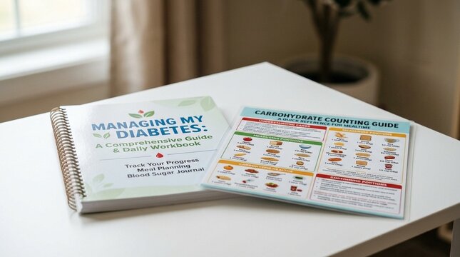 Diabetes workbook resting beside a counting guide, diabetes patient education concept