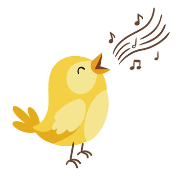 Cute Singing Yellow Bird with Musical Notes Hand Drawn Illustration