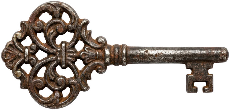Aged iron skeleton key with intricate scrollwork.