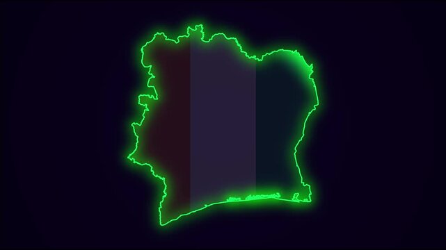Ivory Coast Map Outline Country Border on black.  Neon Lights colorful animation transition. Flag of C&ocirc;te d'Ivoire. Animation in neon style. 4k . Animated Video