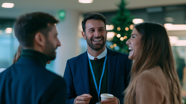 Business colleagues laughing together in a modern office during a Christmas celebration, with a professional man holding coffee and wearing an identification lanyard. 