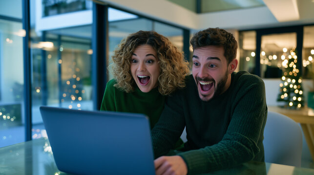 Business white coworkers in green sweaters reacting with excitement and surprise while looking at a laptop together in a modern office during the Christmas season with a decorated tree. 