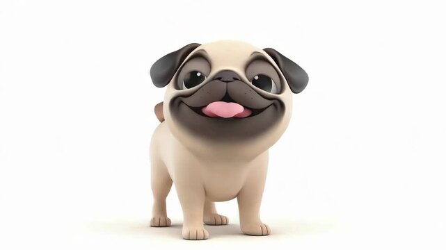 Cute cartoon pug puppy with tongue out standing on white background, adorable 3d dog character, playful pet mascot, charming animal design, cheerful render.