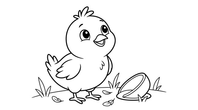 Cute cartoon chick standing on grass with broken egg