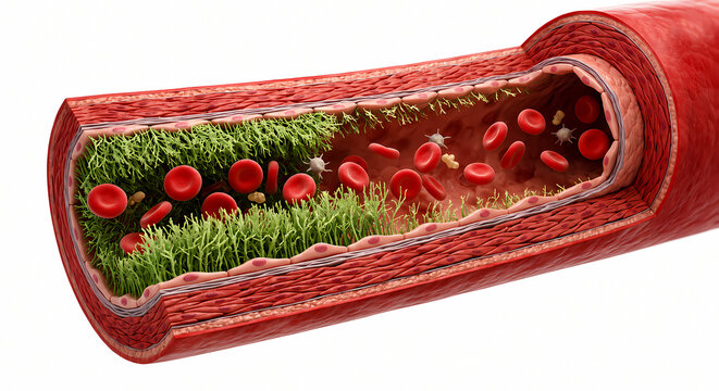 Microscopic 3D cross-section of blood vessel showing endothelial glycocalyx hair-like layer, red blood cells, and platelets