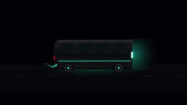 Modern electric minibus driving on a dark highway at night with illuminated glowing turquoise neon accents for sustainable transport