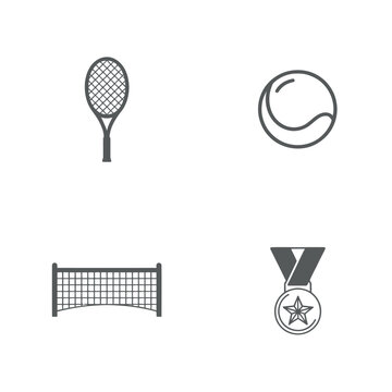 Tennis Sport Equipment Line Icons Tennis Racket Tennis Ball Net Winner Medal