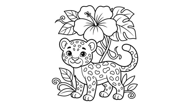 Cute leopard cub sitting with hibiscus flower