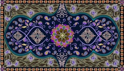 Persian style luxury carpet vector pattern with paisley and floral ornaments in dark blue, purple, and gold tones. © khampeng