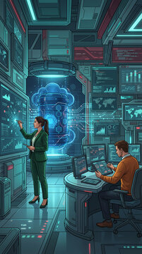 Futuristic data center with glowing cloud server, showcasing tech professionals analyzing global data on screens, representing innovation and progress in digital infrastructure