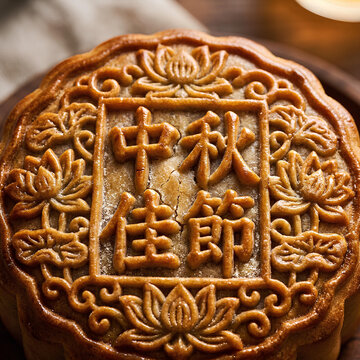Traditional Chinese Mooncake with Ornate Carvings for Mid Autumn Festival Celebration