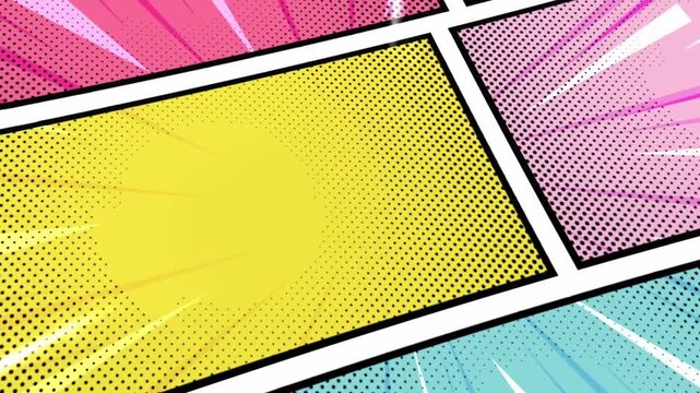 Colorful Pop Art Comic Book Background with Halftone Dots and Geometric Panels. 4K Video