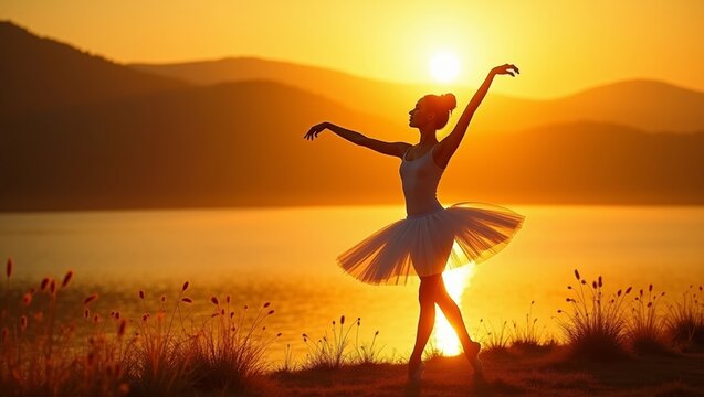 Ballerina posing in a classic ballet position at sunset, light reflecting on the calm water and mountains in the distance