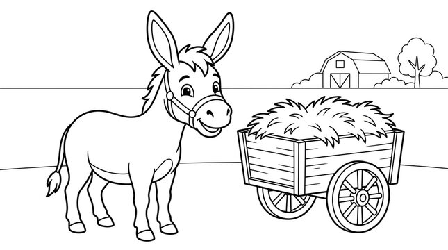 Cartoon donkey pulling a hay-filled cart