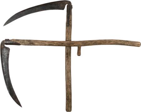 Two vintage wooden scythes on black background.