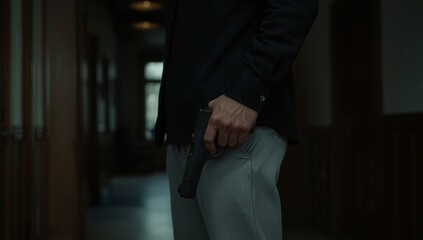Naklejka premium Male figure holding a firearm by his side, ready for action in a serious, tense setting, embodying power and threat