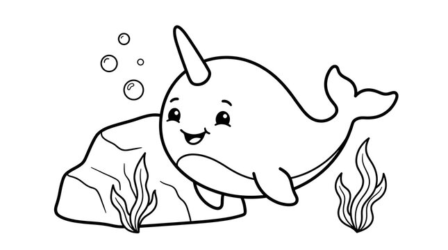 Smiling cartoon narwhal resting on ice with bubbles