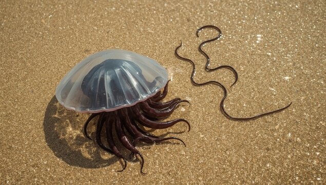 Portuguese man o' war rests on golden beach sand alongside a dark sea worm, showcasing its vibrant purple tentacles and float