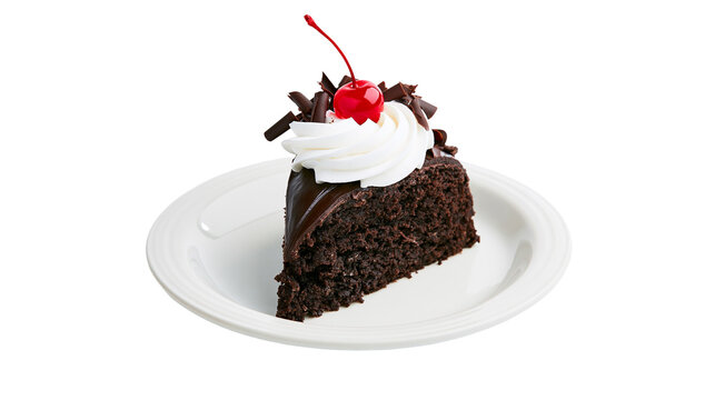 Rich dark chocolate cake slice with whipped cream chocolate shavings and cherry, isolated on transparent background