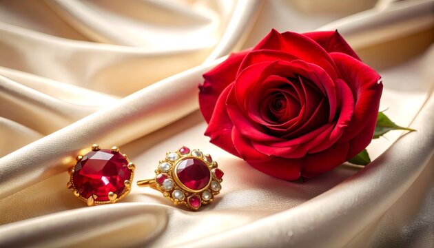 Red rose with ruby and pearl gold jewelry