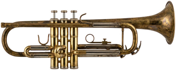 Vintage brass trumpet instrument isolated on black. © Rian