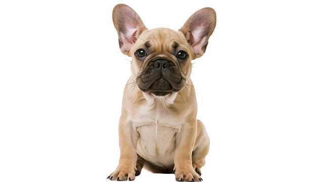 Cute fawn French Bulldog puppy sitting, isolated on transparent background