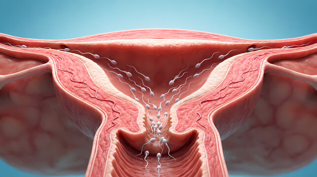 Medical 3D cross-section diagram of female uterine cavity and fallopian tubes with sperm cells swimming toward fertilization