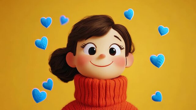 Cute cartoon girl in red sweater surrounded by floating blue hearts on yellow background, adorable character animation, playful love scene, cheerful design.