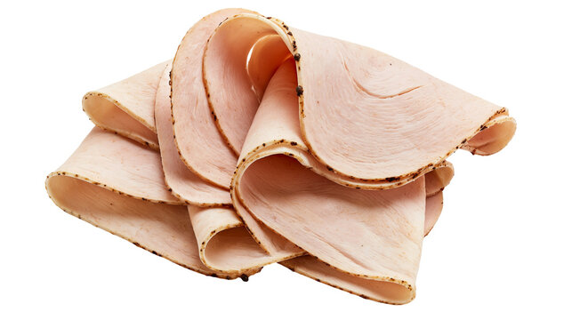 Stack of thinly sliced deli turkey breast with pepper seasoning, isolated on transparent background