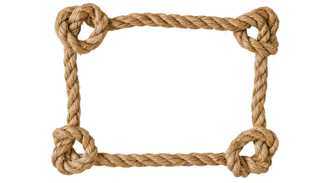 Thick natural fiber rope forming a rectangular frame with four decorative knots, isolated on transparent background