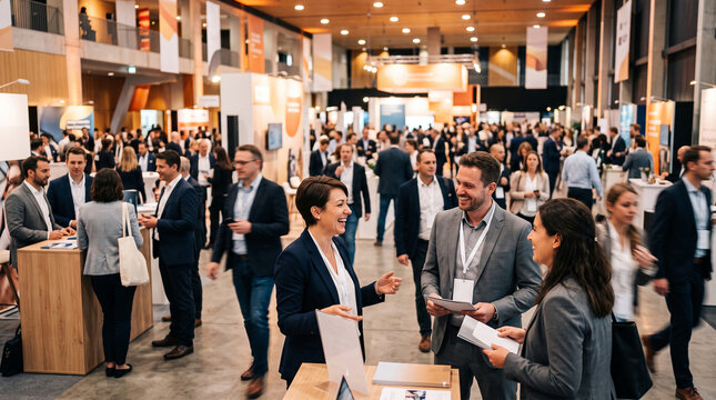 Professionals mingling at a business conference or trade show, showcasing networking, interaction, and industry engagement.