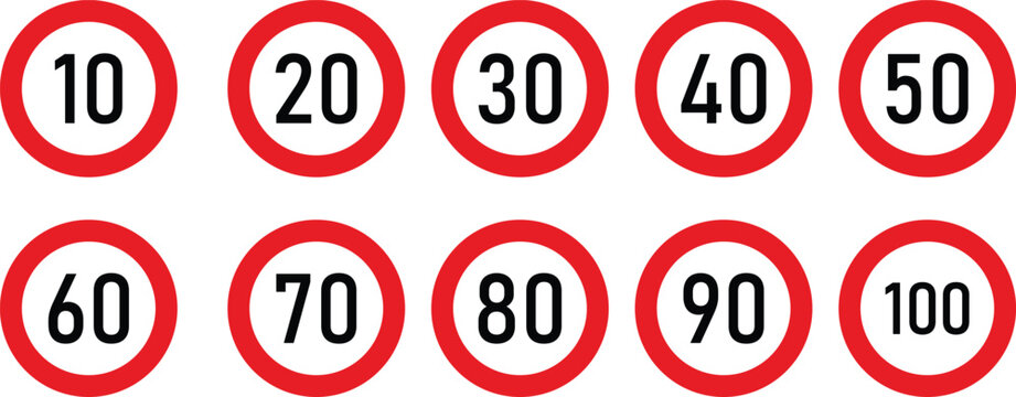 Speed limit traffic sign collection vector icon set. Maximum speed regulation signs from 10 to 100 symbol. Road safety warning and transportation speed limitation
