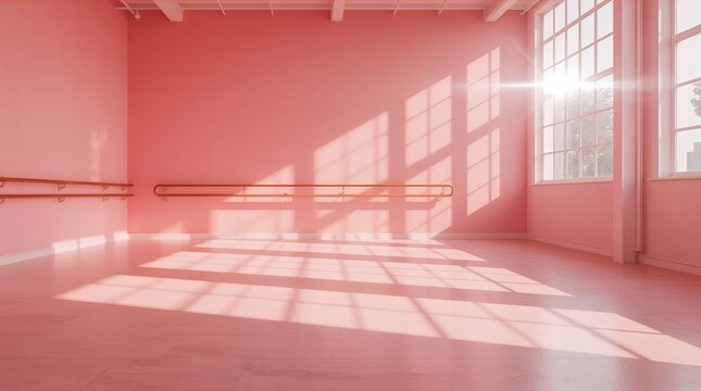 Pink toned dance studio with light wood ballet barres, sunlit windows casting geometric shadows across the clean floor, serene minimalist space for ballet practice and wellness