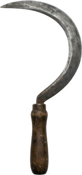 Vintage rusty sickle with weathered wooden handle