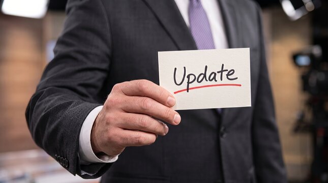Close-up of a professional businessman's hands holding a white card with the word 'Update' written in red, signifying a crucial announcement or new information in a corporate setting