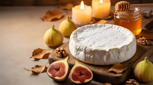 Rustic Camembert cheese with a white bloomy rind, served with walnuts, honey, and fresh figs on a wooden board