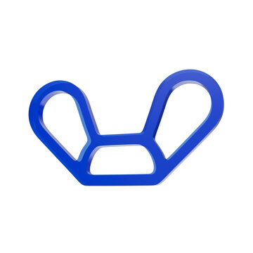 Shiny blue wing nut fastener rendered in three dimensions featuring smooth polished surfaces isolated against a crisp white background surface