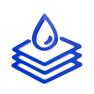 Glossy blue three dimensional waterproof icon featuring a liquid drop floating above layered paper sheets on plain white background surface