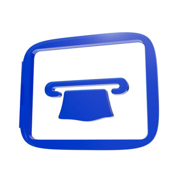 Glossy blue icon representing automatic teller machine functionality rendered in a three dimensional style on a clean white isolated background