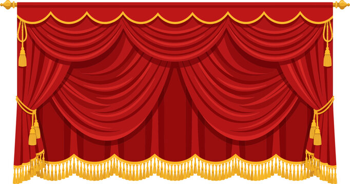 Luxurious red velvet stage curtain with golden fringe and tassels vector