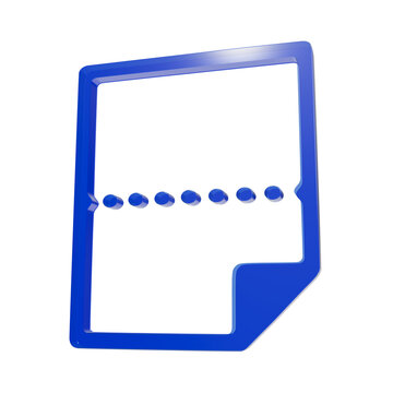 Shiny blue glossy three dimensional document icon featuring a dotted line cutout rendered with smooth edges on white background surface