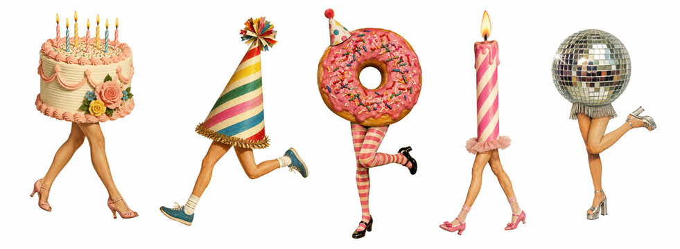 image.pngBirthday cake, party hat, sprinkled doughnut, striped candle and disco ball on walking legs. Birthday party, celebration and dancing in retro collage, isolated on white