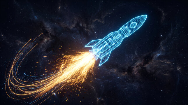 Glowing wireframe rocket in deep space, leaving a trail of orange fire and blue light, symbolizing innovation, exploration, and rapid growth