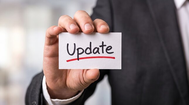 Businessman holding a business card displaying the word 'Update', symbolizing crucial corporate information, progress, or system enhancements for professional communication