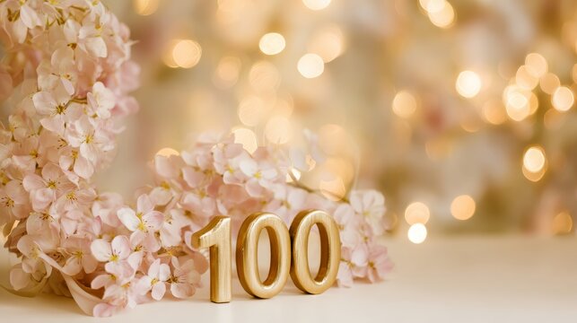Golden number 100 marking a significant anniversary or birthday event, surrounded by soft pink floral accents and shimmering bokeh