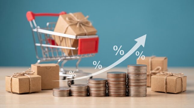Retail growth and financial prosperity shopping cart with gifts, rising coin stacks, and an upward percentage arrow symbolize increased consumer spending