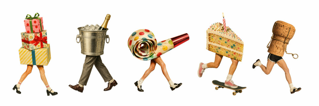 Stacked gift boxes, champagne bucket, party blower, cake slice and champagne cork on walking legs. New year toast, birthday and anniversary celebration in retro collage