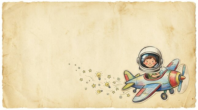 A creative and imaginative collage artwork depicting a small child in a huge white astronaut helmet seemingly flying on a hand-drawn colored aircraft against a textured aged paper background