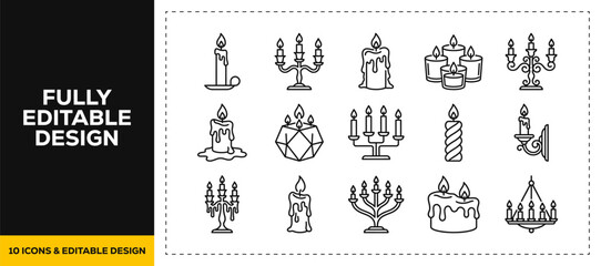 Fototapeta premium flat vector illustration line art icon bundle set design highlighting vintage candelabras ritual candles and spiritual lighting symbols for religious ceremony apps ui