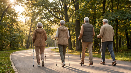 Obraz premium Seniors nordic walking with trekking poles along a tree-lined park trail